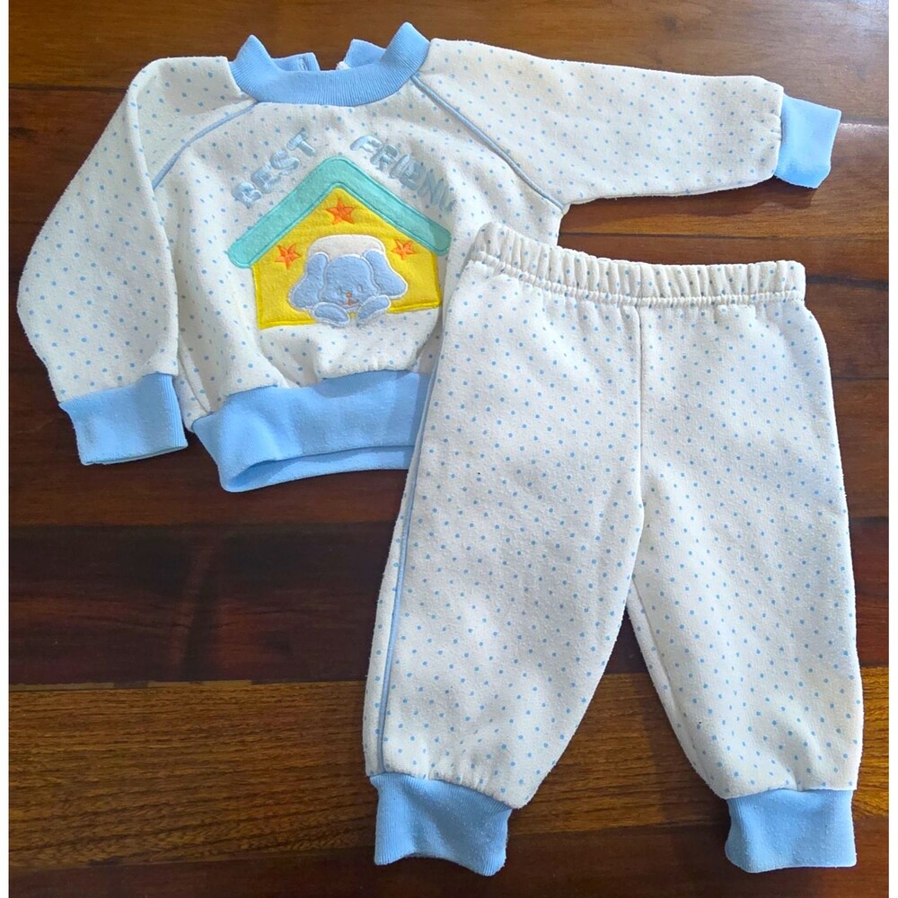 Doe-Spun 2pc Baby Outfit Set 6-9 Months White/Blue Polka Dot Dog Pants